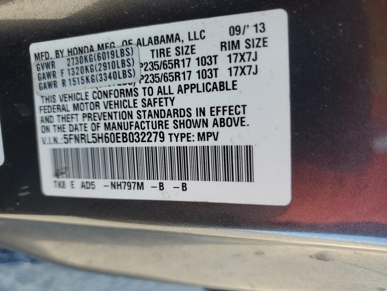 2014 Honda Odyssey Exl vin: 5FNRL5H60EB032279