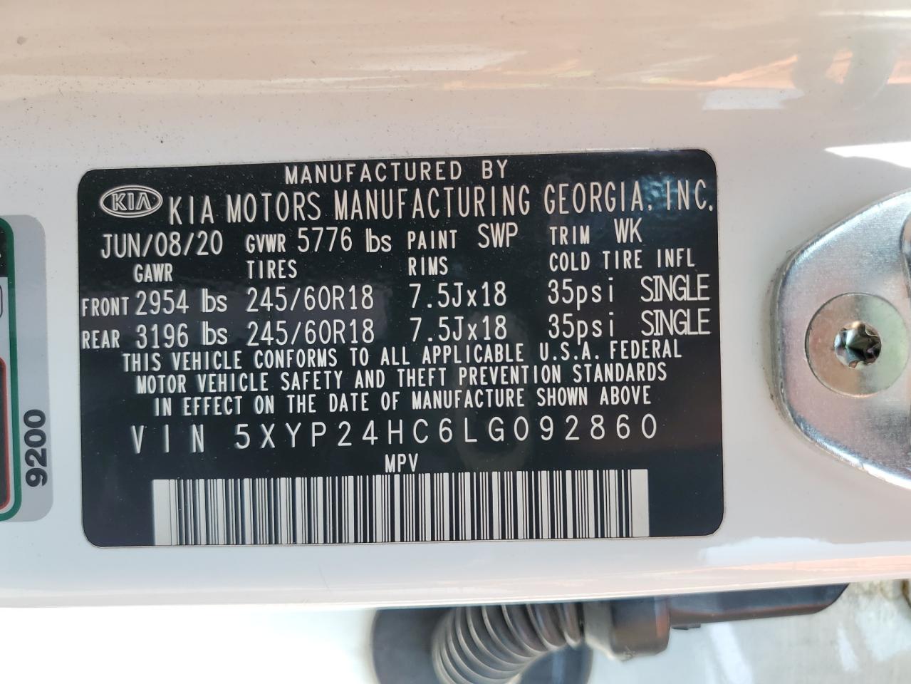 5XYP24HC6LG092860 2020 Kia Telluride Lx