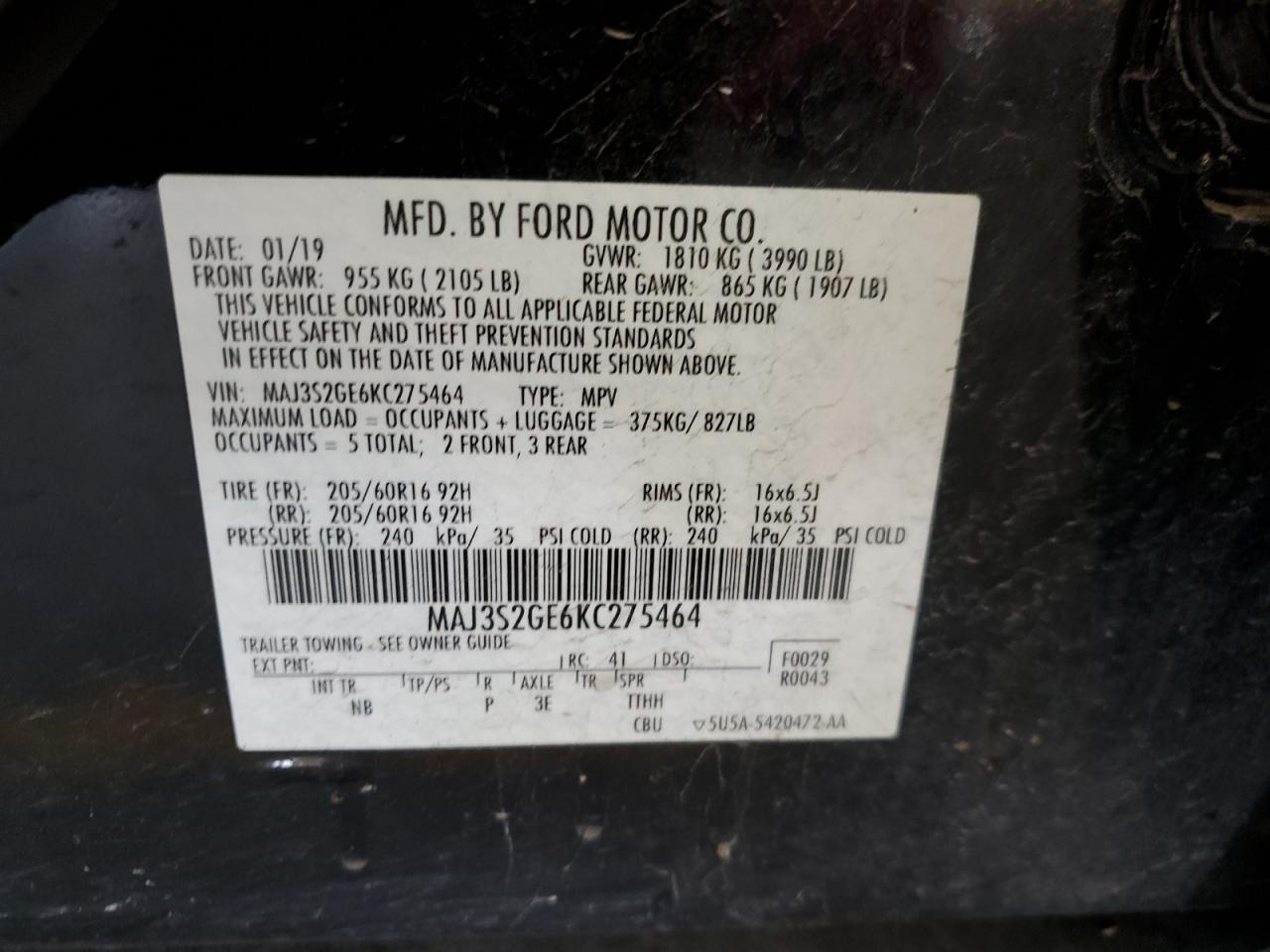 MAJ3S2GE6KC275464 2019 Ford Ecosport Se