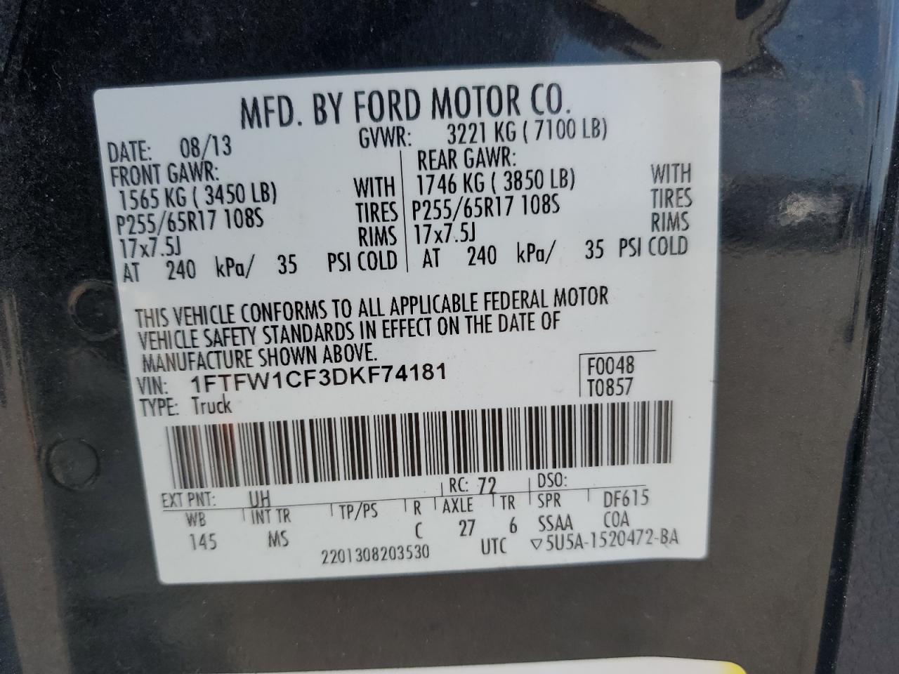 1FTFW1CF3DKF74181 2013 Ford F150 Supercrew