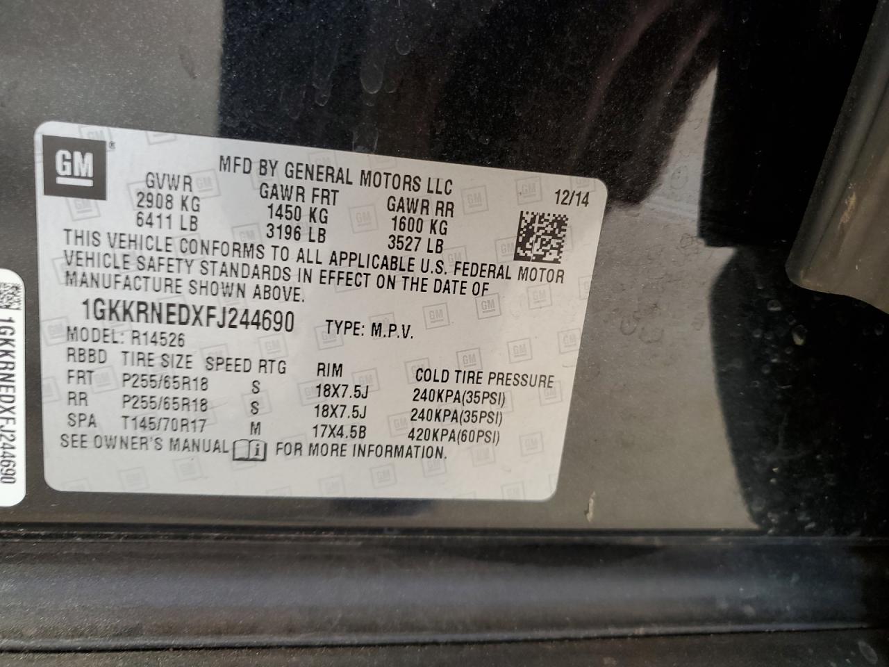 1GKKRNEDXFJ244690 2015 GMC Acadia Sle