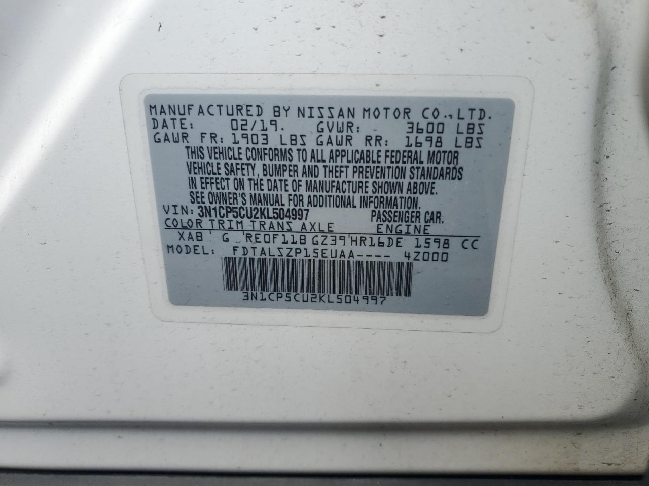 3N1CP5CU2KL504997 2019 Nissan Kicks S