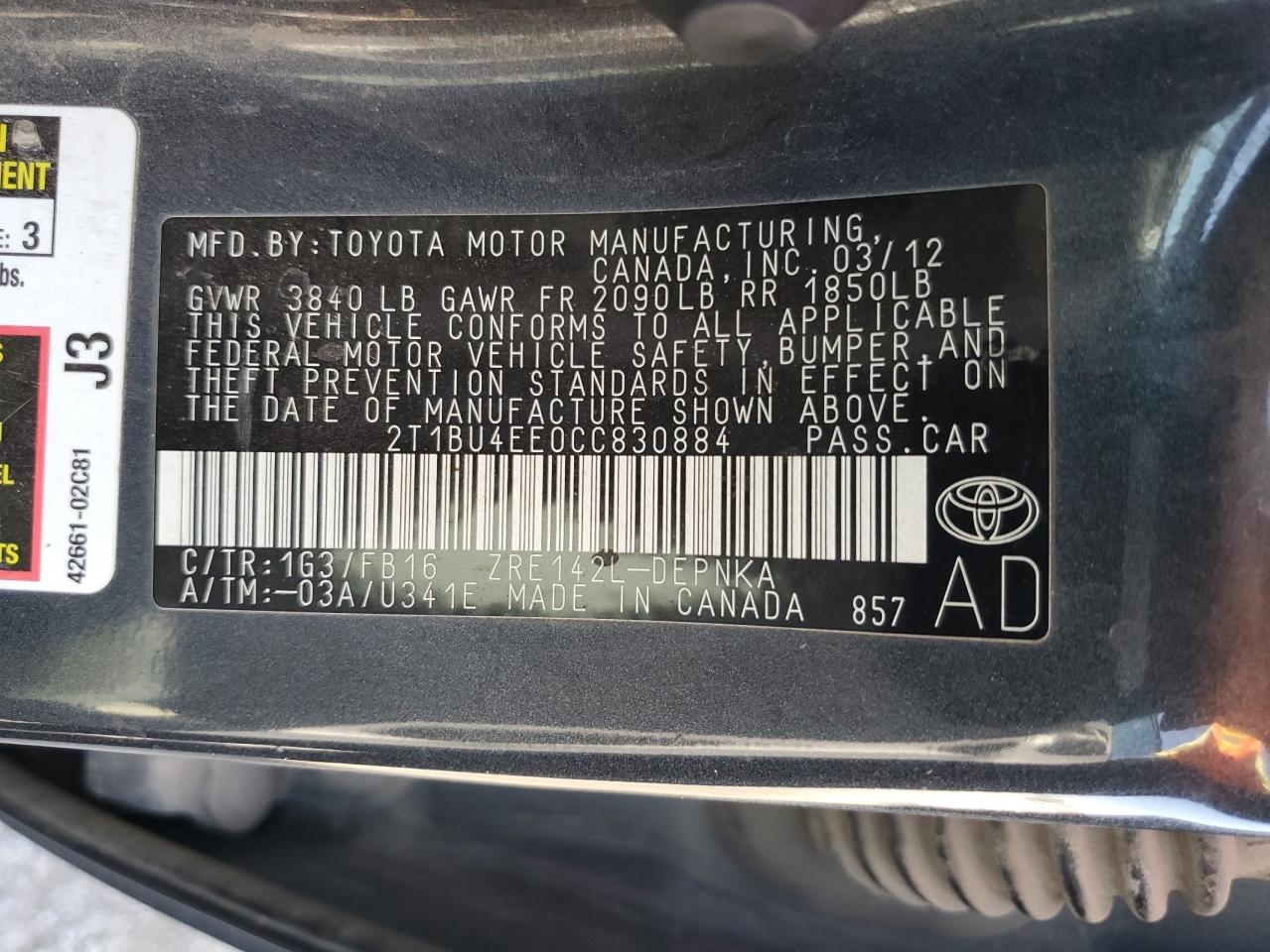 2T1BU4EE0CC830884 2012 Toyota Corolla Base