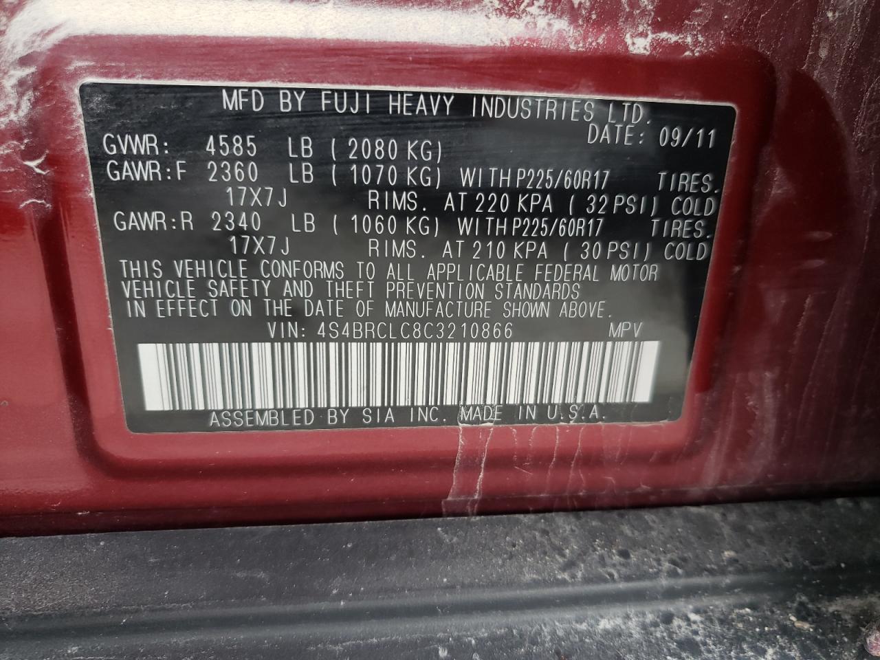 4S4BRCLC8C3210866 2012 Subaru Outback 2.5I Limited