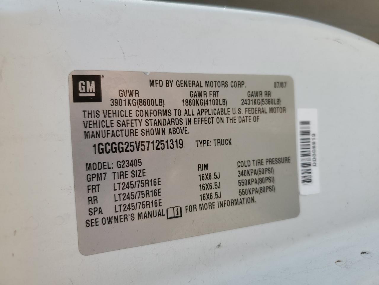 1GCGG25V571251319 2007 Chevrolet Express G2500