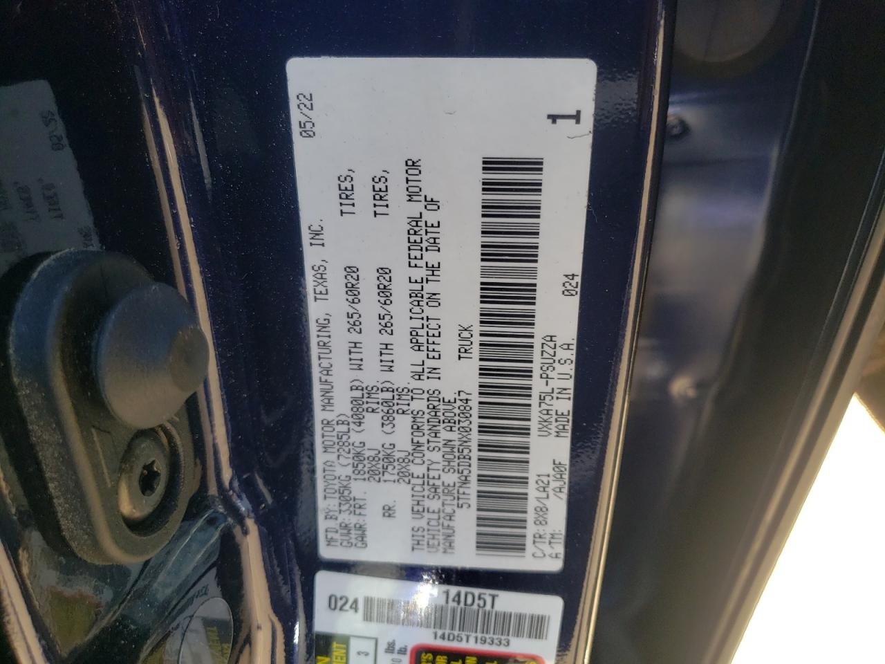 5TFNA5DB5NX030847 2022 Toyota Tundra Crewmax Platinum