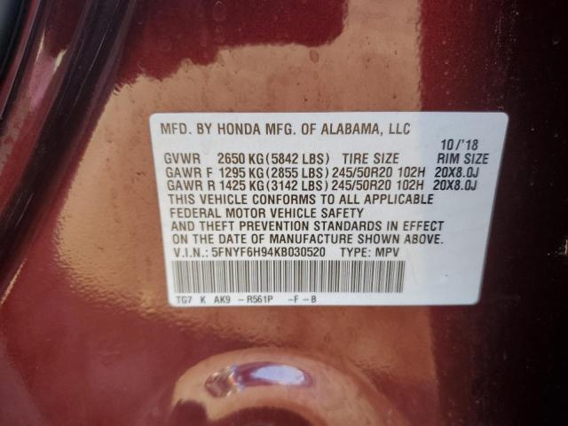 2019 Honda Pilot Touring VIN: 5FNYF6H94KB030520 Lot: 59163884