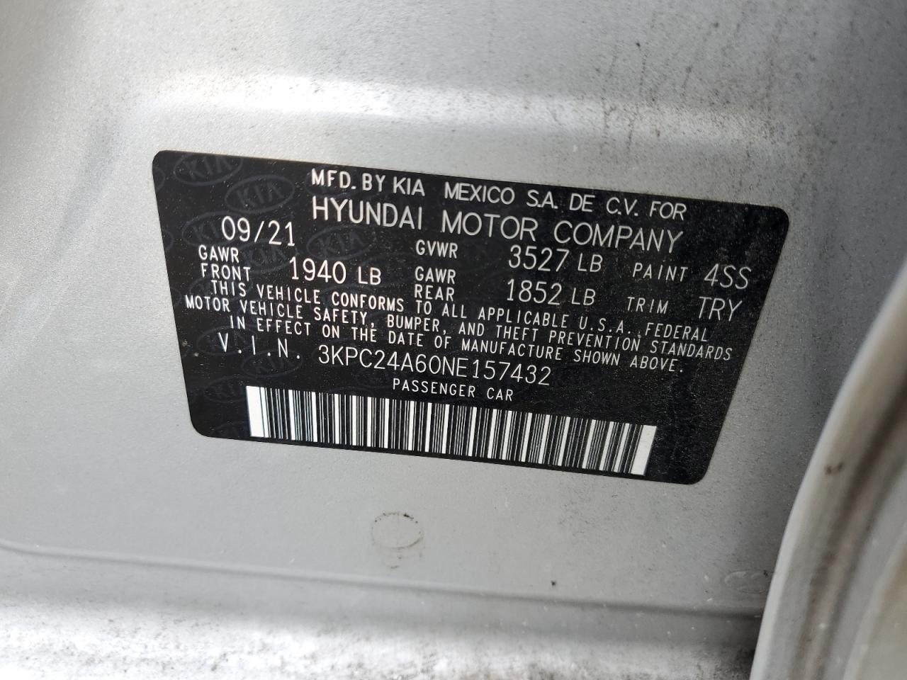 3KPC24A60NE157432 2022 Hyundai Accent Se