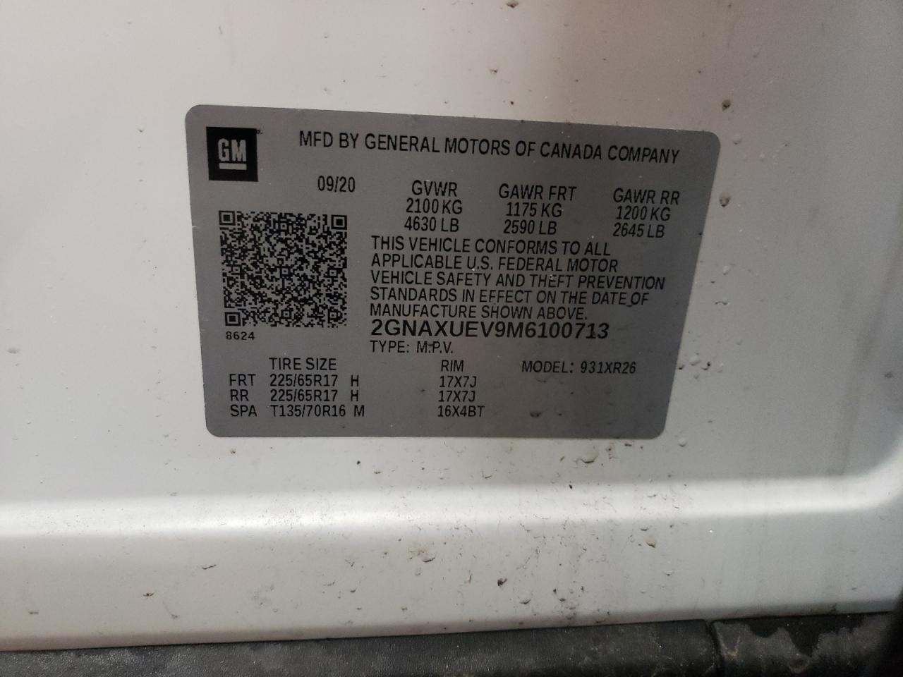 2GNAXUEV9M6100713 2021 Chevrolet Equinox Lt