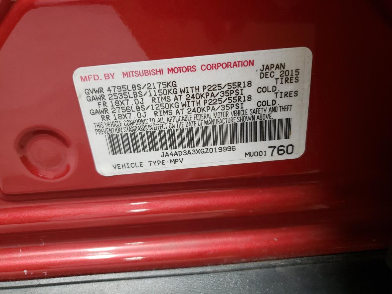 JA4AD3A3XGZ019996 2016 Mitsubishi Outlander Se