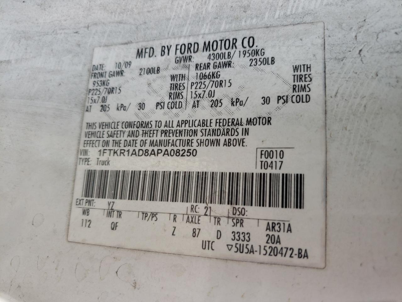 1FTKR1AD8APA08250 2010 Ford Ranger