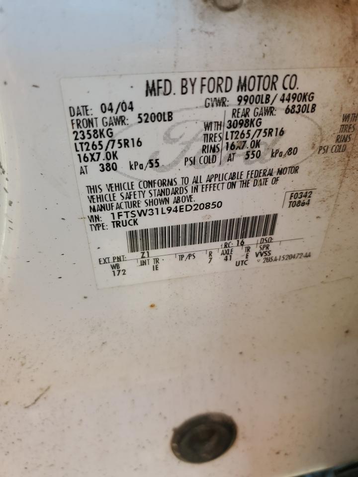 1FTSW31L94ED20850 2004 Ford F350 Srw Super Duty