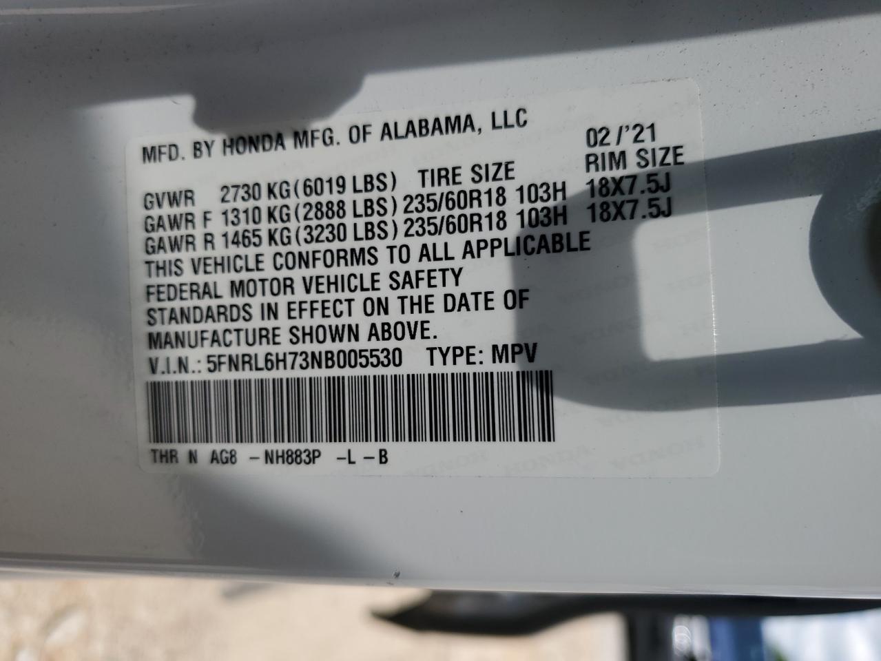 5FNRL6H73NB005530 2022 Honda Odyssey Exl