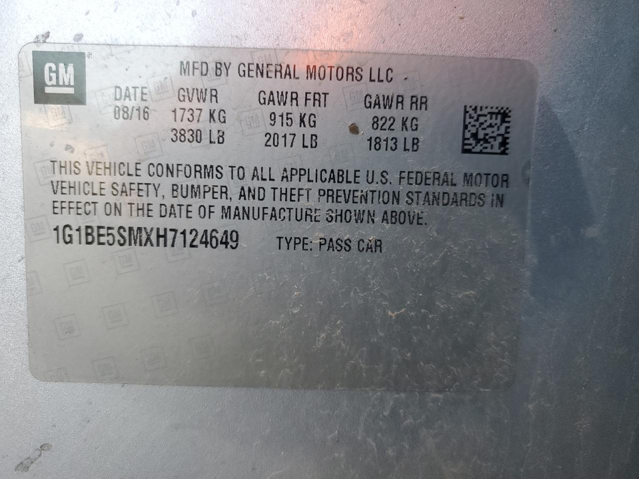 1G1BE5SMXH7124649 2017 Chevrolet Cruze Lt