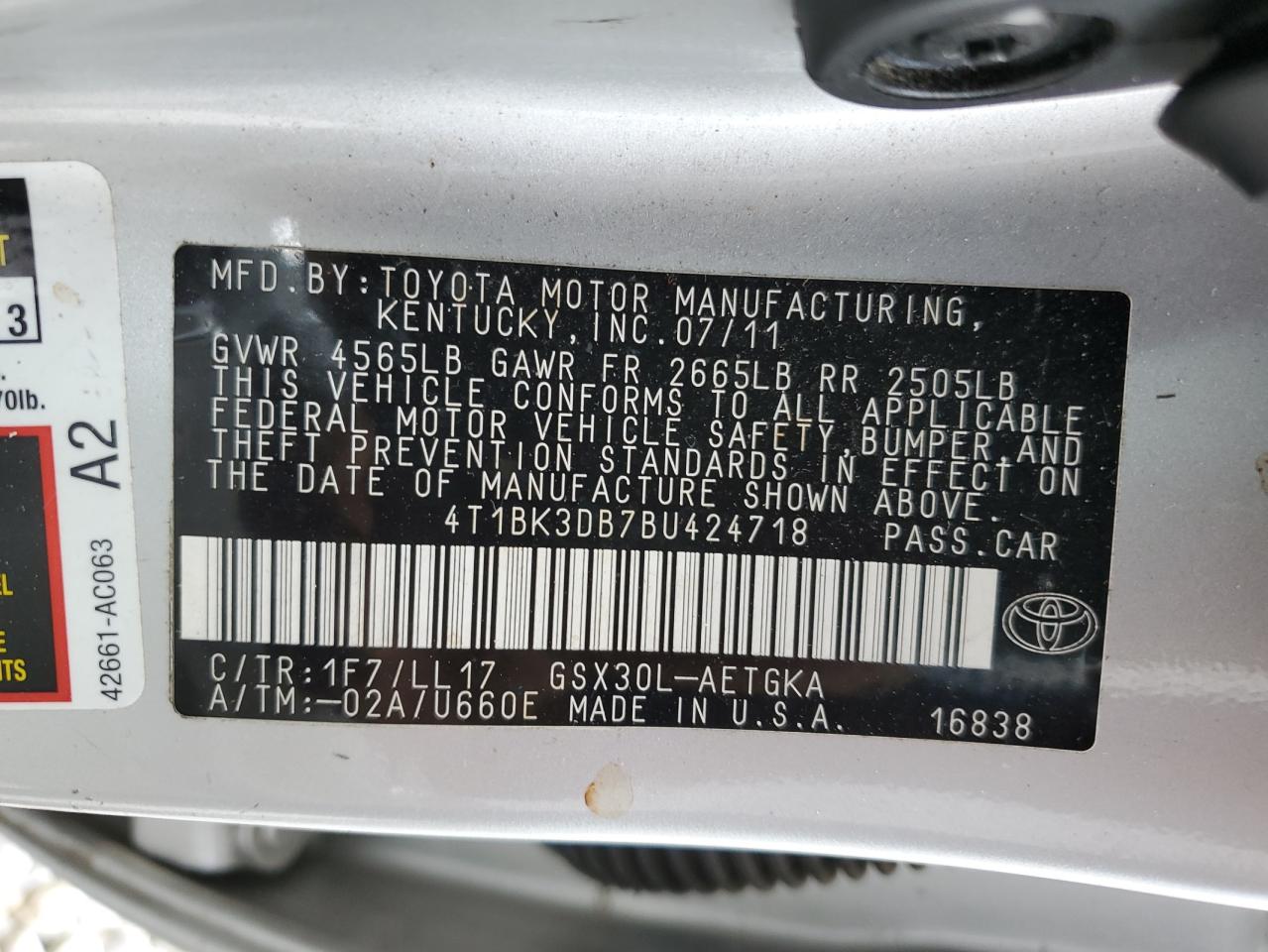 4T1BK3DB7BU424718 2011 Toyota Avalon Base