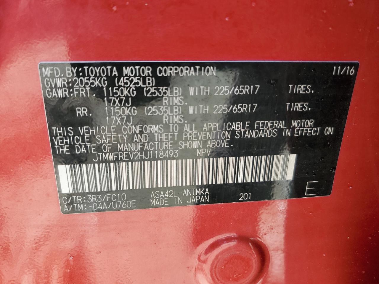 JTMWFREV2HJ118493 2017 Toyota Rav4 Xle