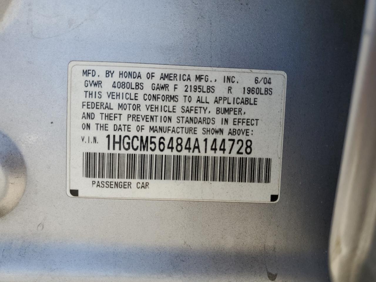 1HGCM56484A144728 2004 Honda Accord Lx