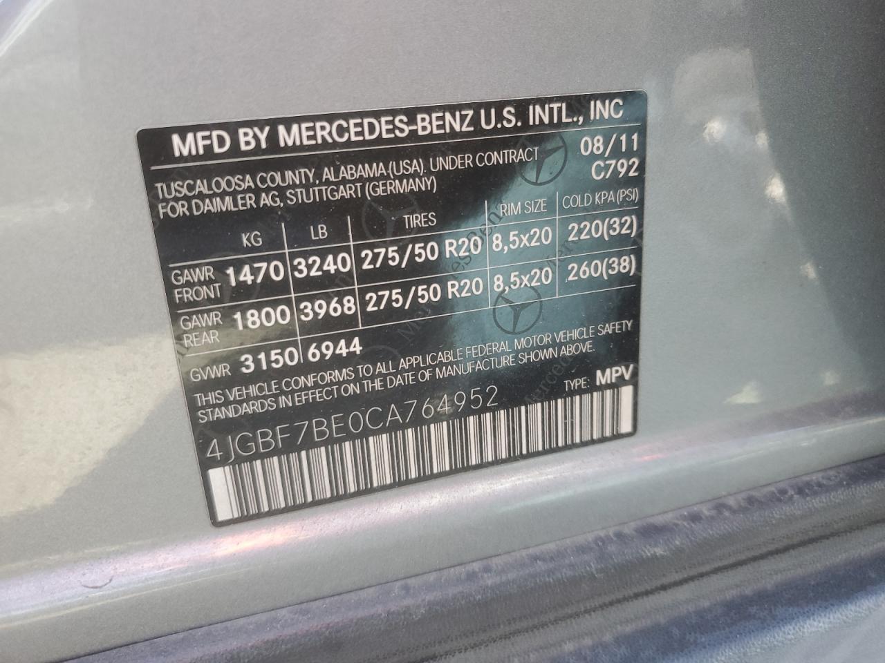 4JGBF7BE0CA764952 2012 Mercedes-Benz Gl 450 4Matic