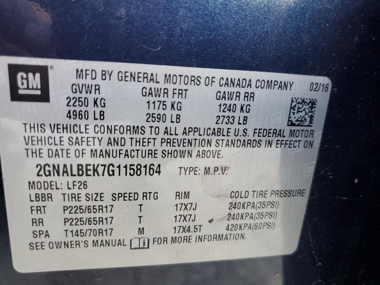 2GNALBEK7G1158164 2016 Chevrolet Equinox Ls