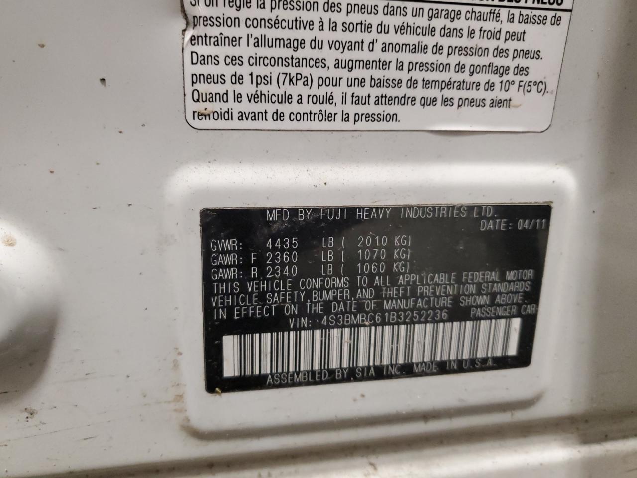 4S3BMBC61B3252236 2011 Subaru Legacy 2.5I Premium