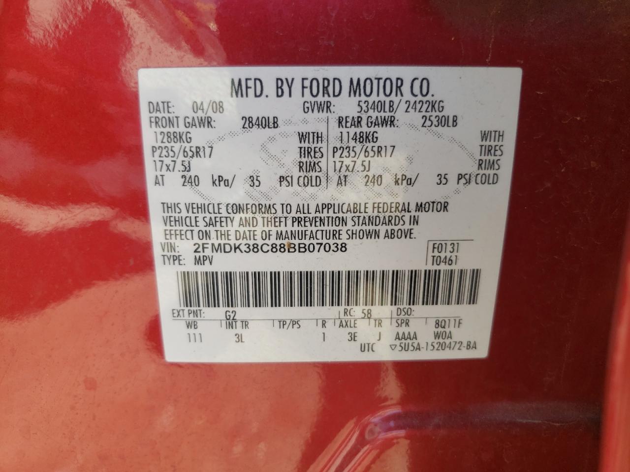 2FMDK38C88BB07038 2008 Ford Edge Sel