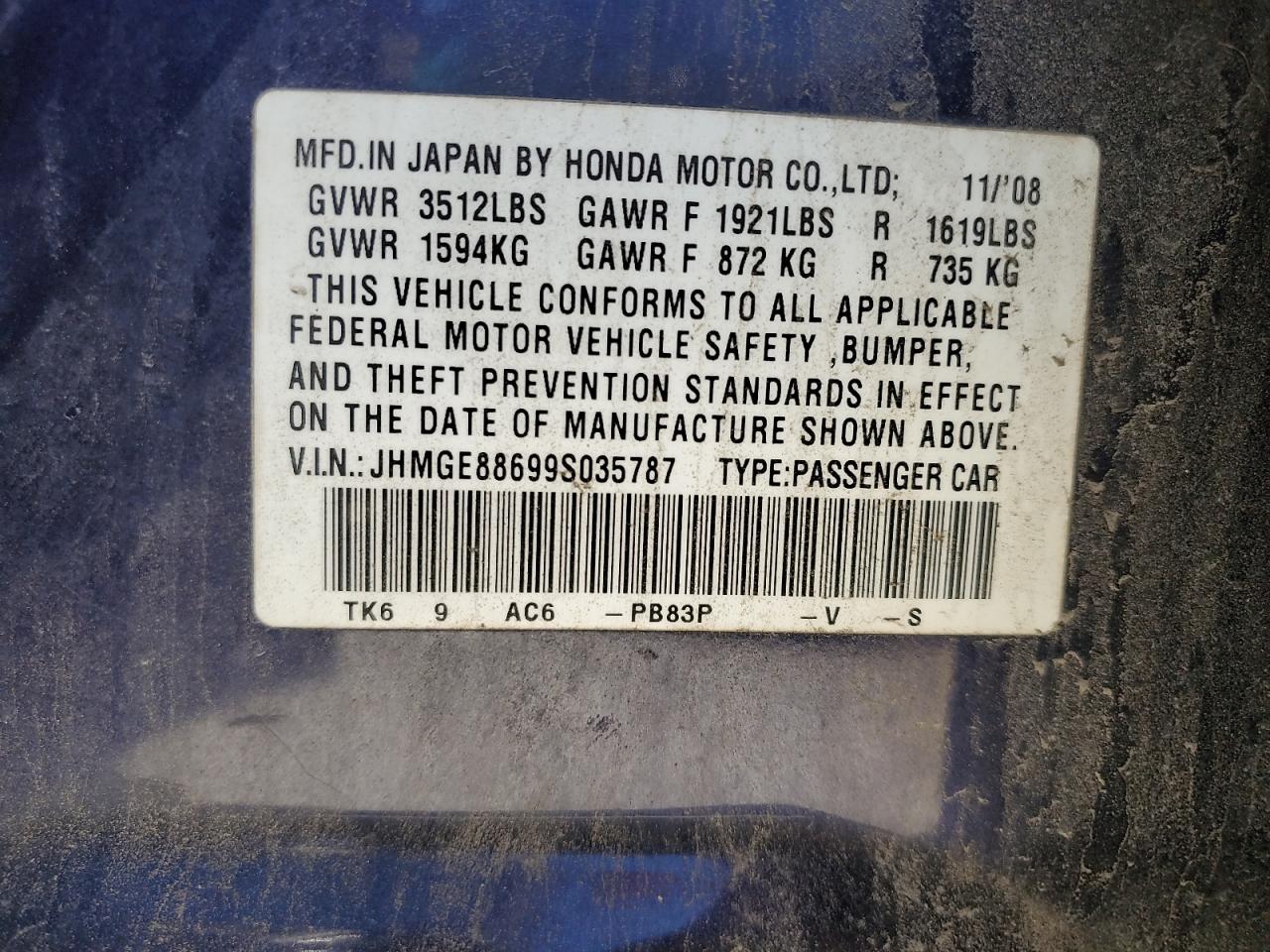 JHMGE88699S035787 2009 Honda Fit Sport