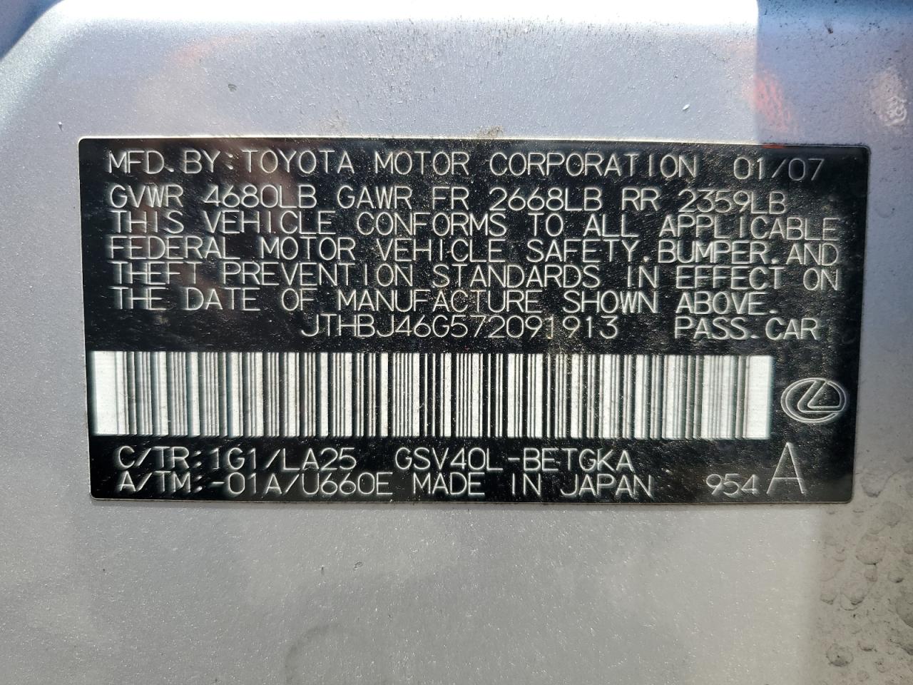 JTHBJ46G572091913 2007 Lexus Es 350