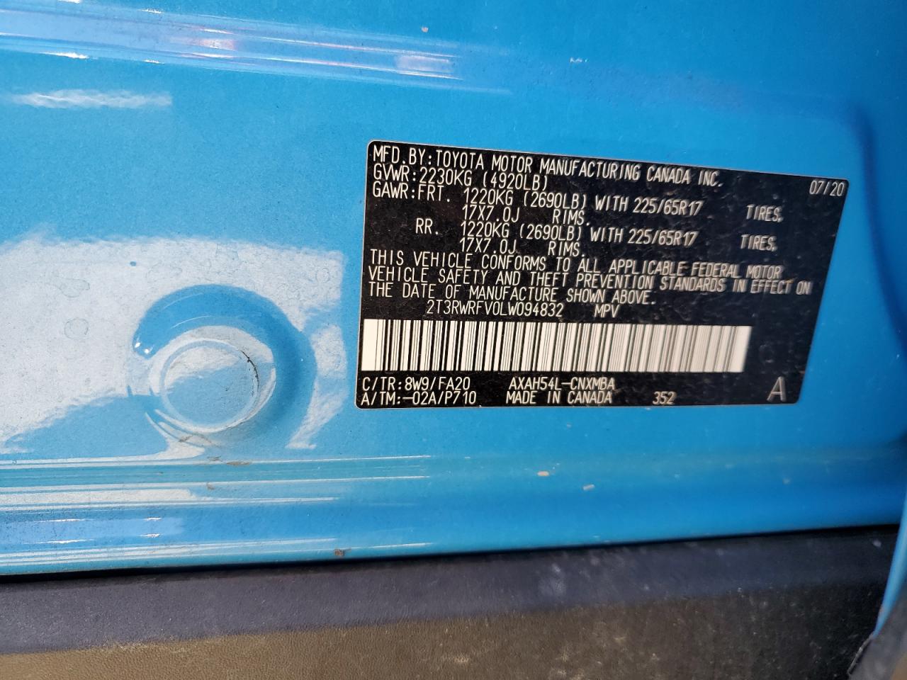 2T3RWRFV0LW094832 2020 Toyota Rav4 Xle