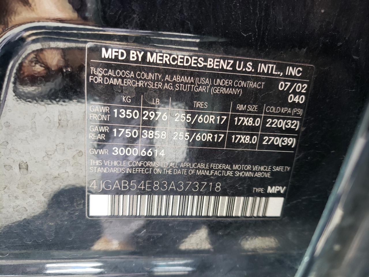 4JGAB54E83A373718 2003 Mercedes-Benz Ml 320