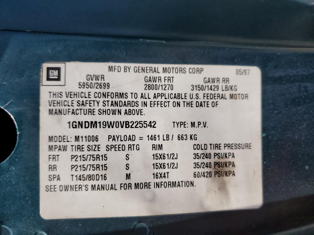 1GNDM19W0VB225542 1997 Chevrolet Astro