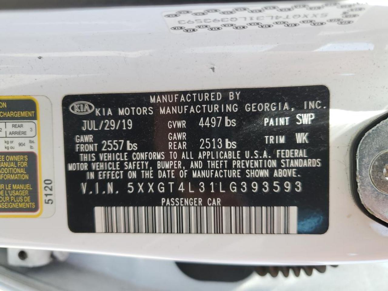 5XXGT4L31LG393593 2020 Kia Optima Lx