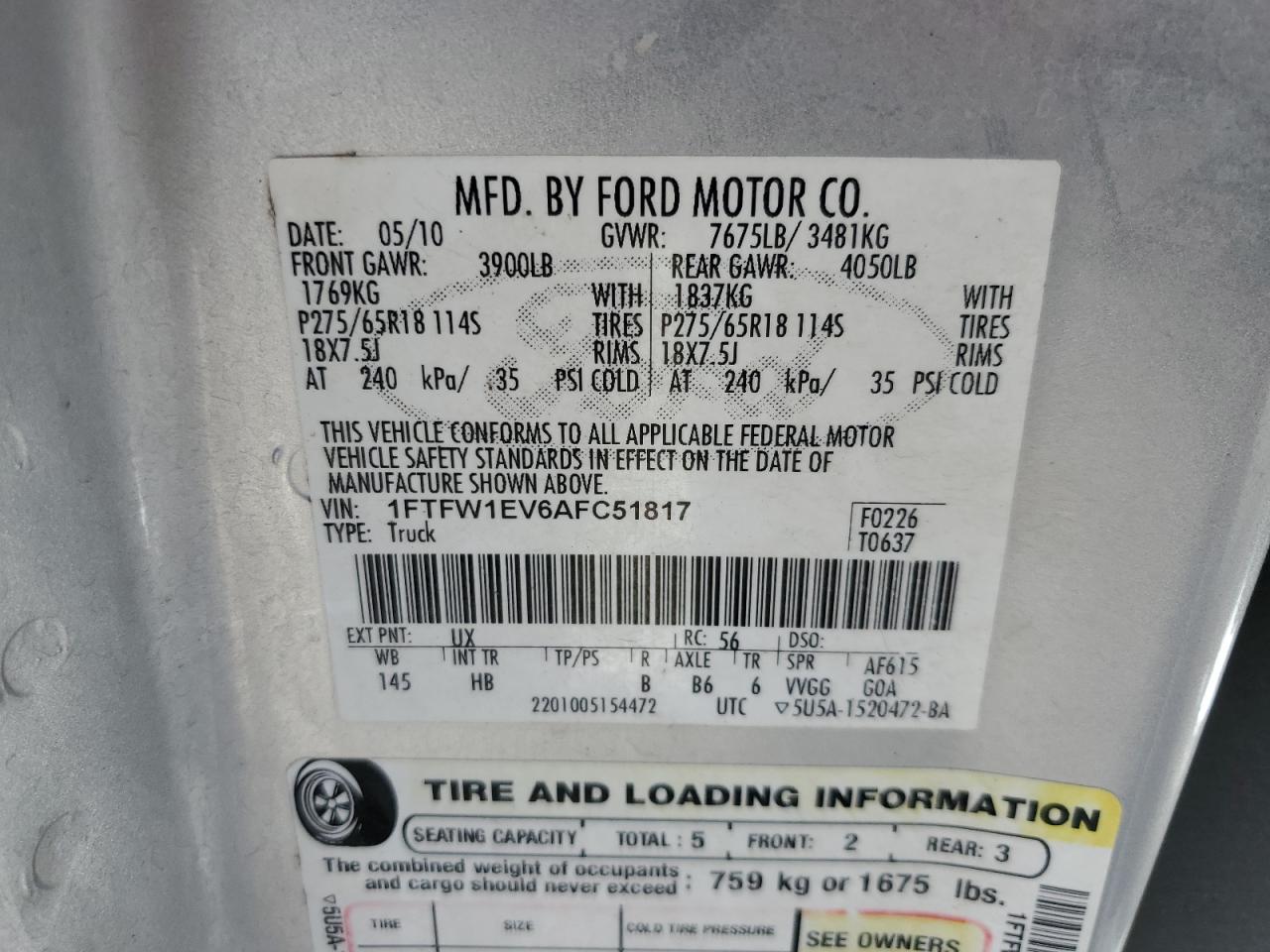 1FTFW1EV6AFC51817 2010 Ford F150 Supercrew