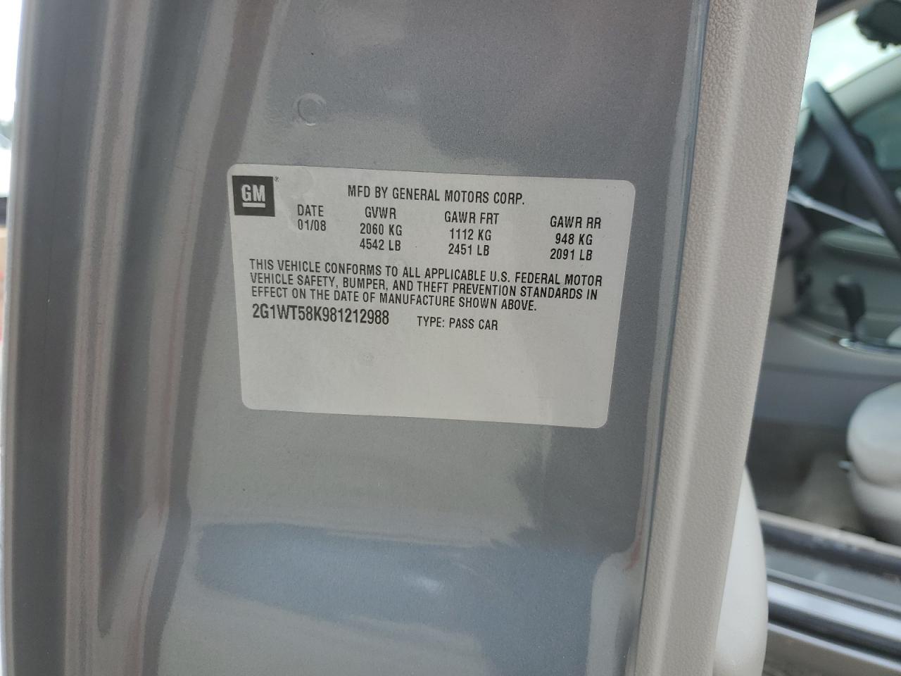 2G1WT58K981212988 2008 Chevrolet Impala Lt