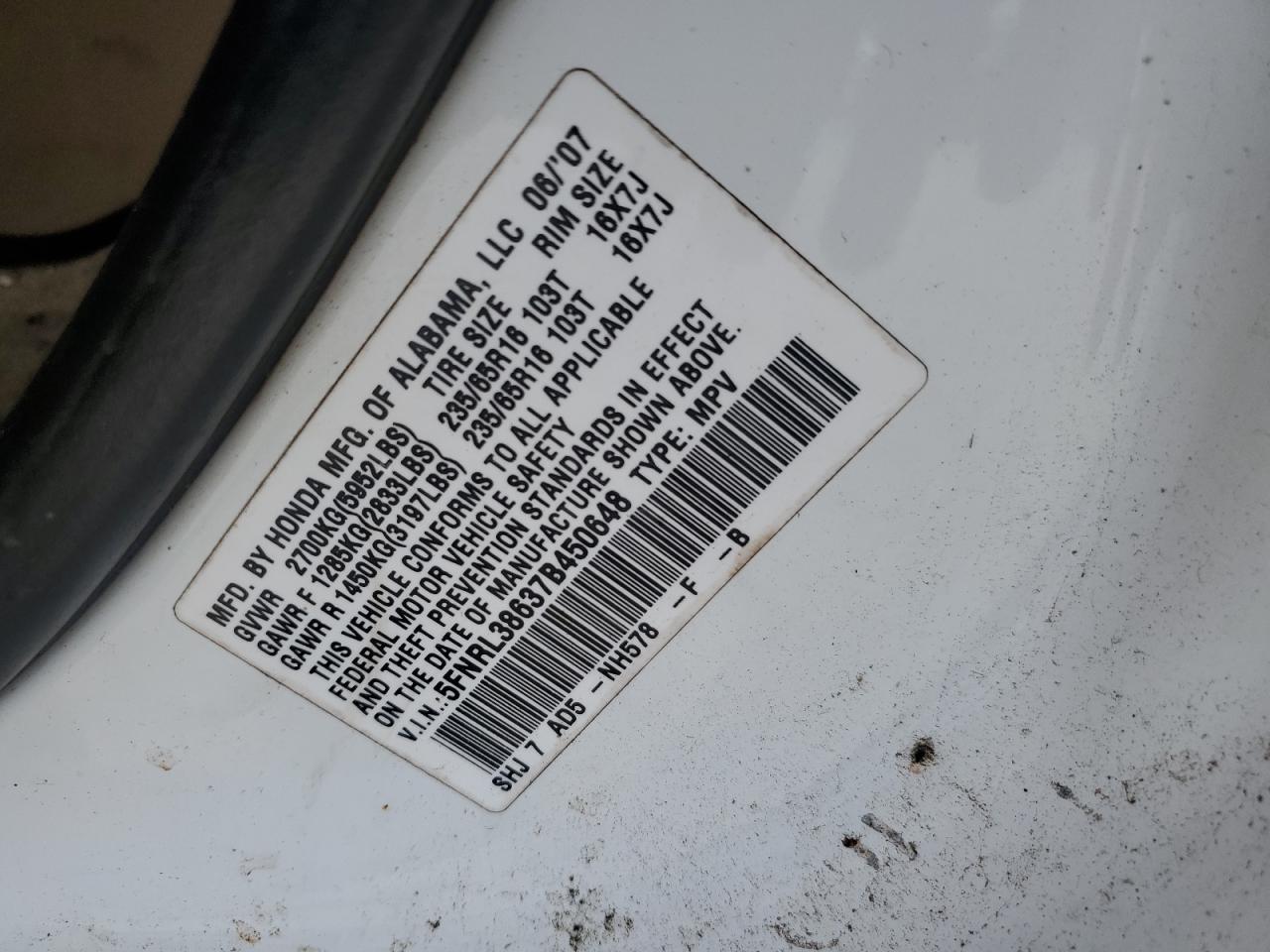 5FNRL38637B450648 2007 Honda Odyssey Exl