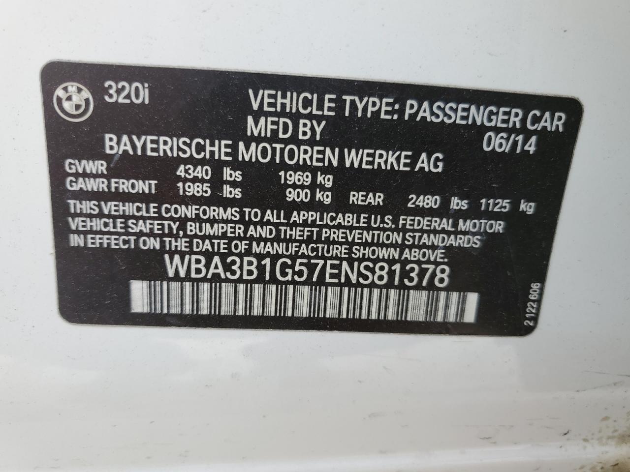 2014 BMW 320 I vin: WBA3B1G57ENS81378