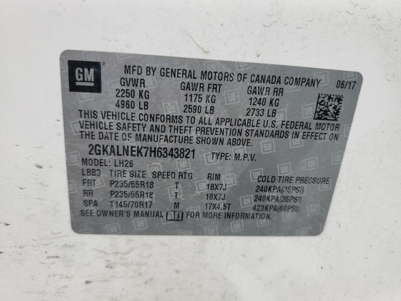 2GKALNEK7H6343821 2017 GMC Terrain Sle