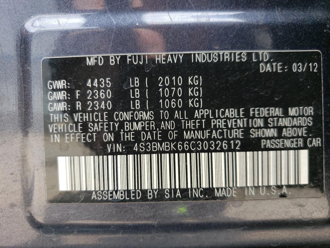 4S3BMBK66C3032612 2012 Subaru Legacy 2.5I Limited