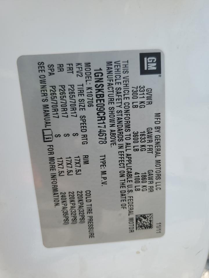 1GNSKBE09CR174678 2012 Chevrolet Tahoe K1500 Lt