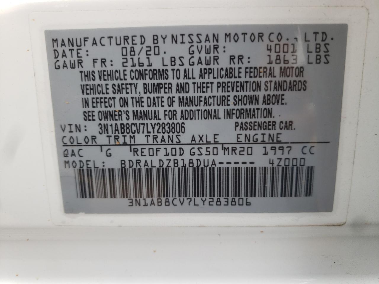 3N1AB8CV7LY283806 2020 Nissan Sentra Sv