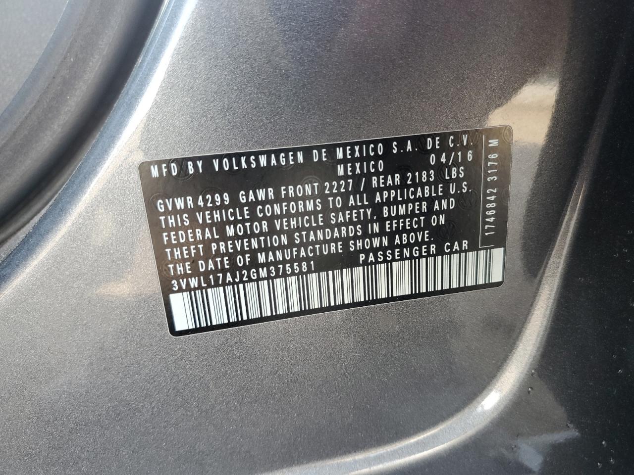 3VWL17AJ2GM375581 2016 Volkswagen Jetta Sel