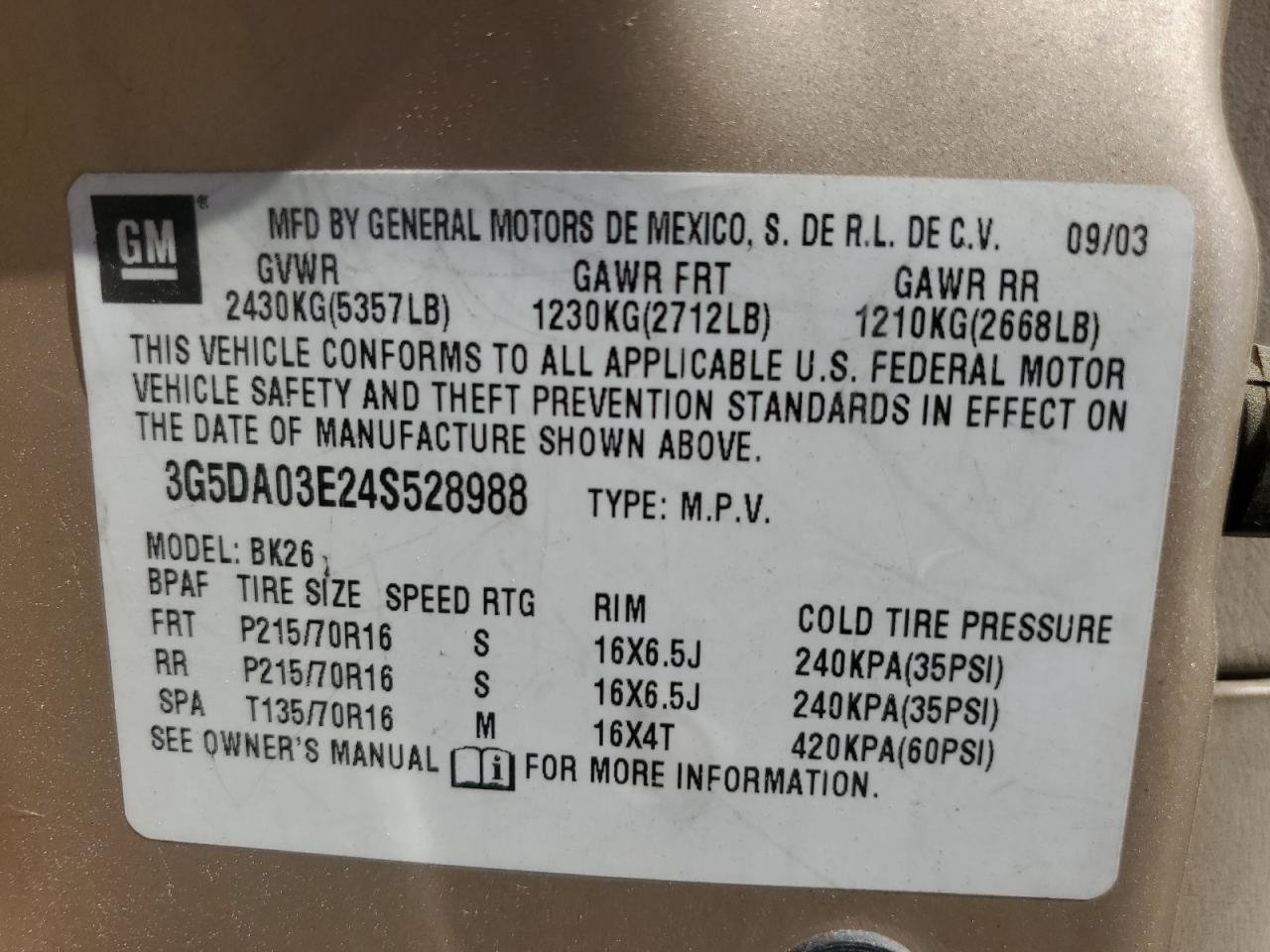 3G5DA03E24S528988 2004 Buick Rendezvous Cx