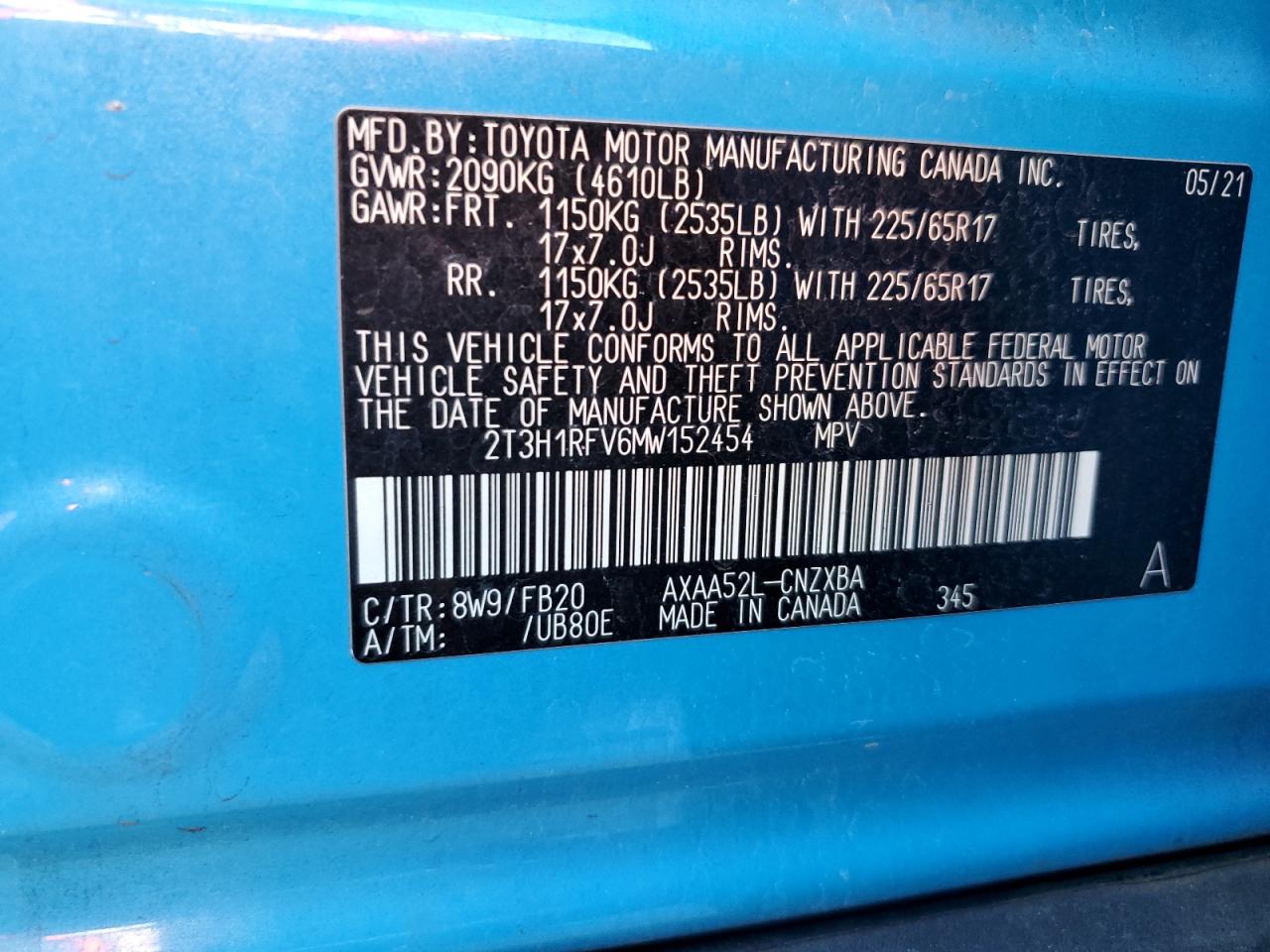 2T3H1RFV6MW152454 2021 Toyota Rav4 Le