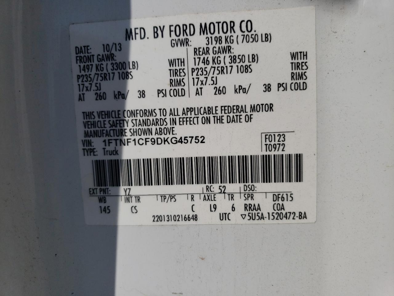 1FTNF1CF9DKG45752 2013 Ford F150