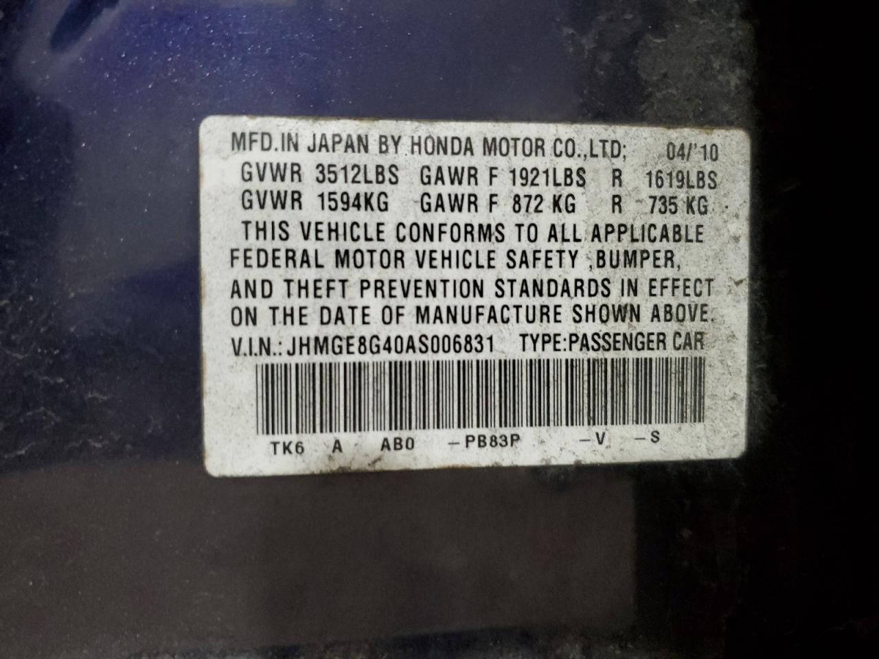 JHMGE8G40AS006831 2010 Honda Fit Sport