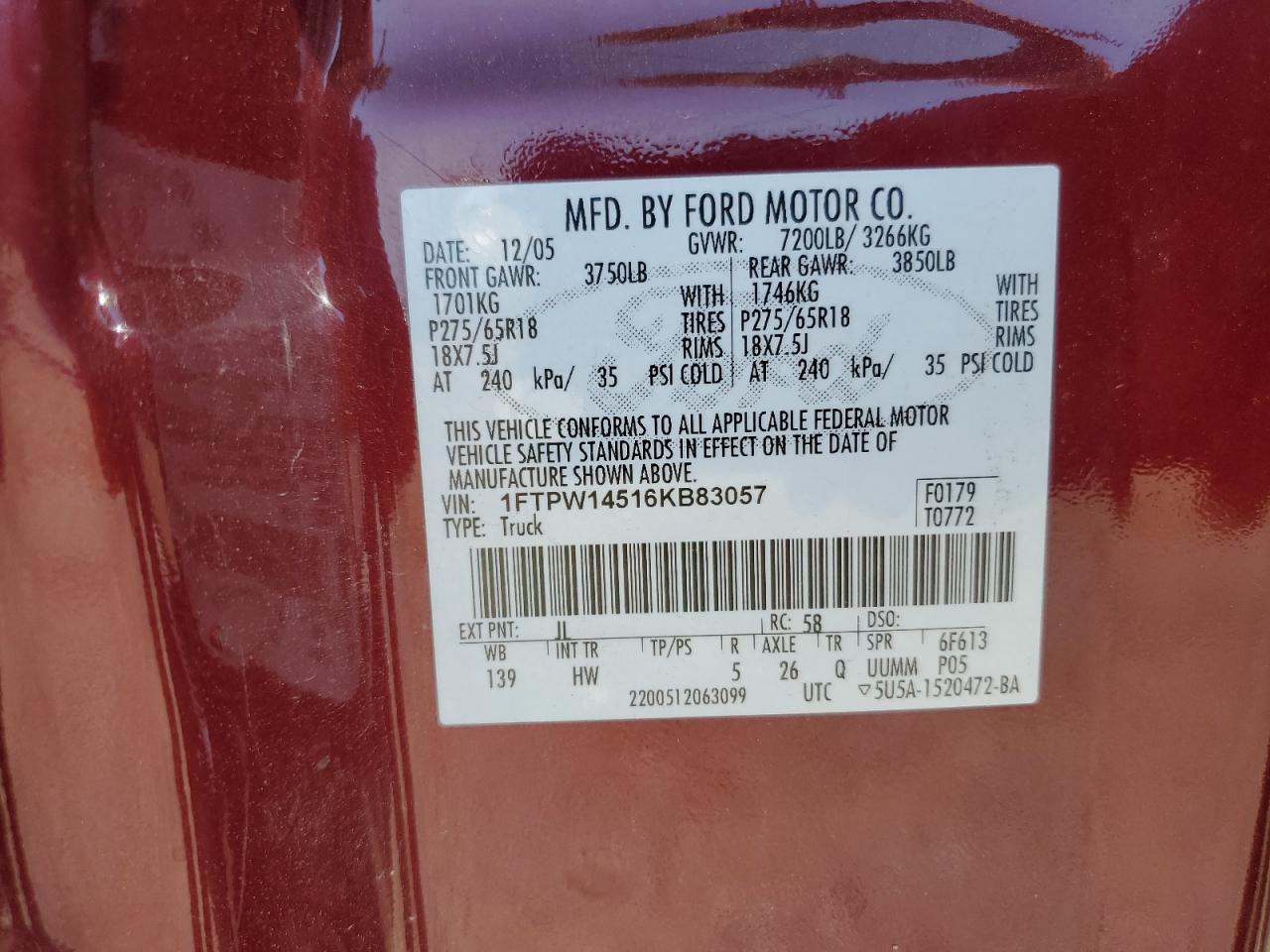 1FTPW14516KB83057 2006 Ford F150 Supercrew