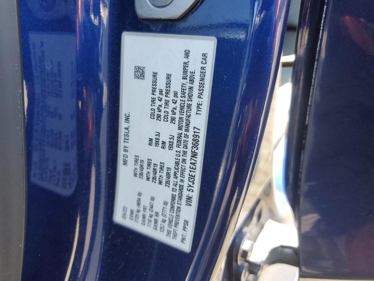 5YJ3E1EA7NF368917 2022 Tesla Model 3