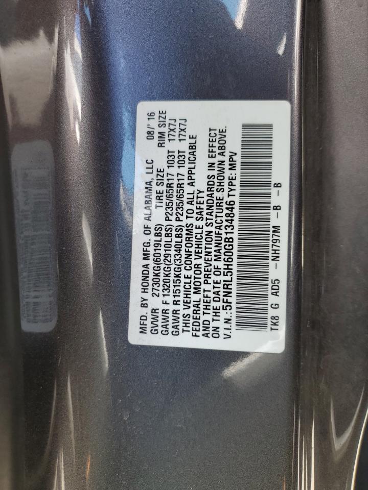 5FNRL5H60GB134846 2016 Honda Odyssey Exl