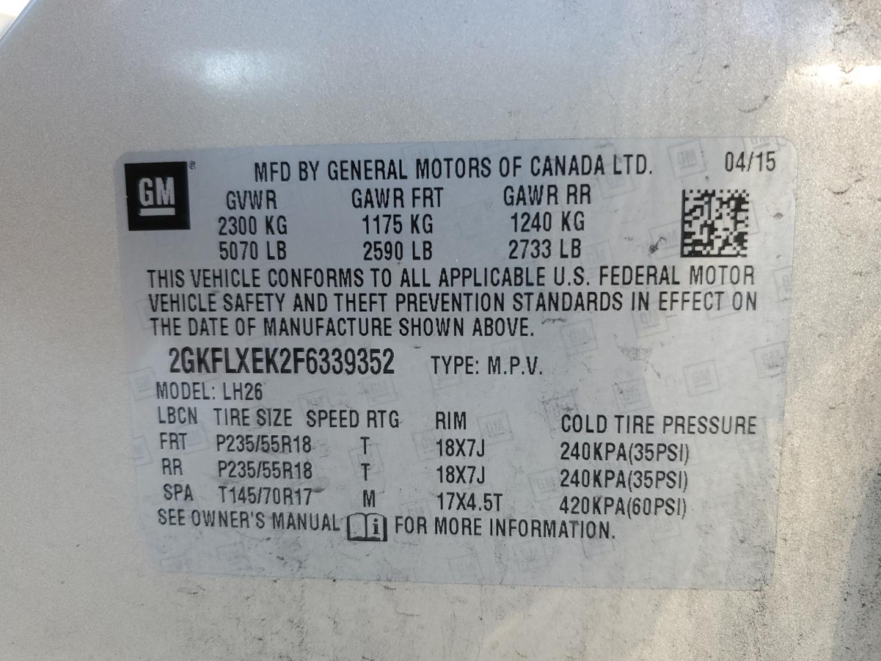 2GKFLXEK2F6339352 2015 GMC Terrain Slt