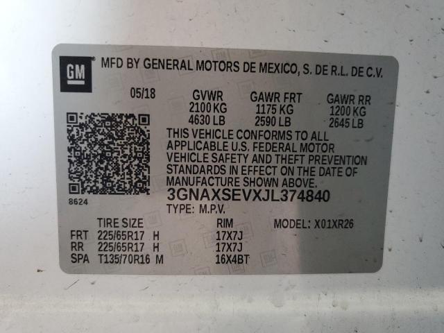 2018 Chevrolet Equinox Lt VIN: 3GNAXSEVXJL374840 Lot: 59515194