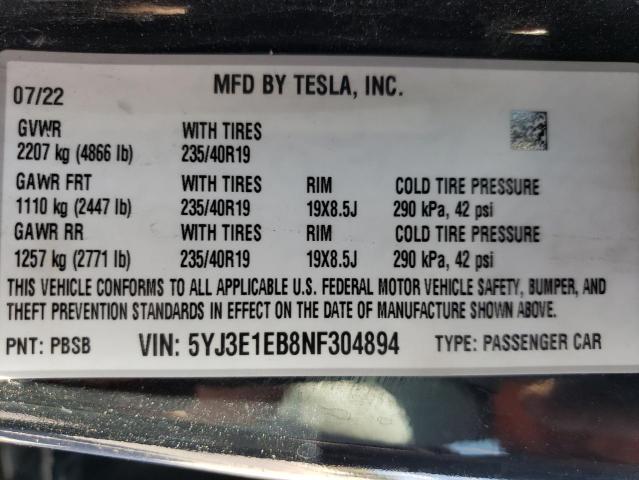 2022 Tesla Model 3 VIN: 5YJ3E1EB8NF304894 Lot: 56499434